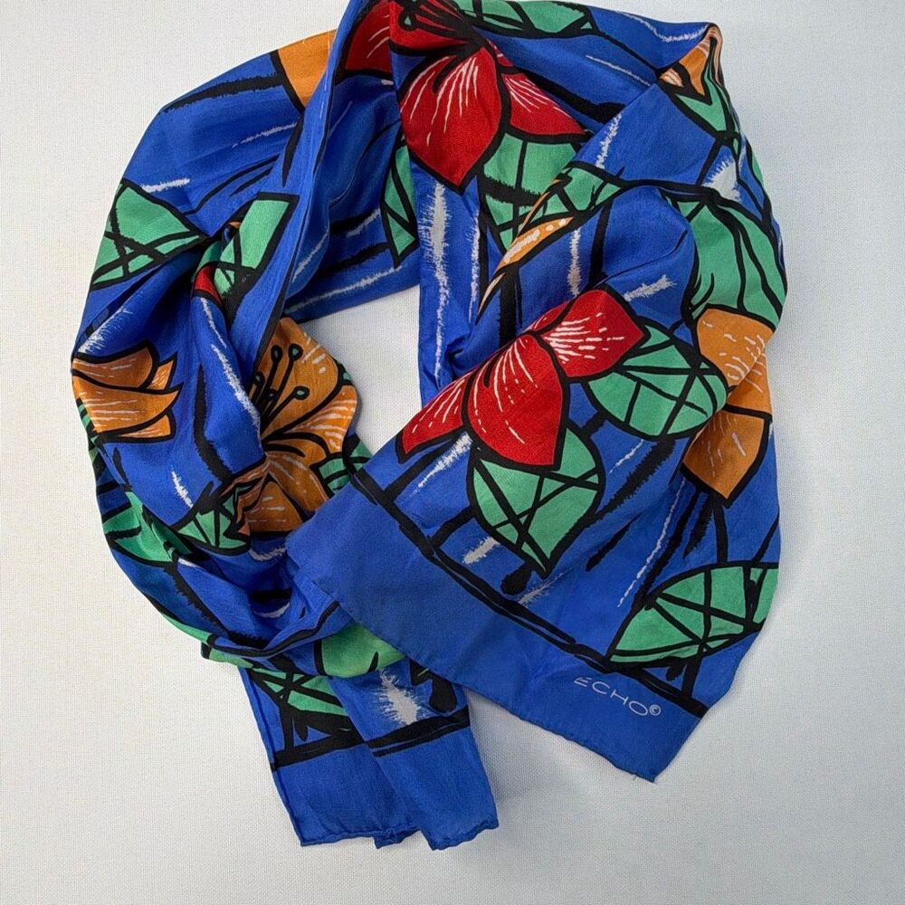 ECHO Vintage Silk Scarf Bold Stained Glass Flower Pattern.  Hand Rolled